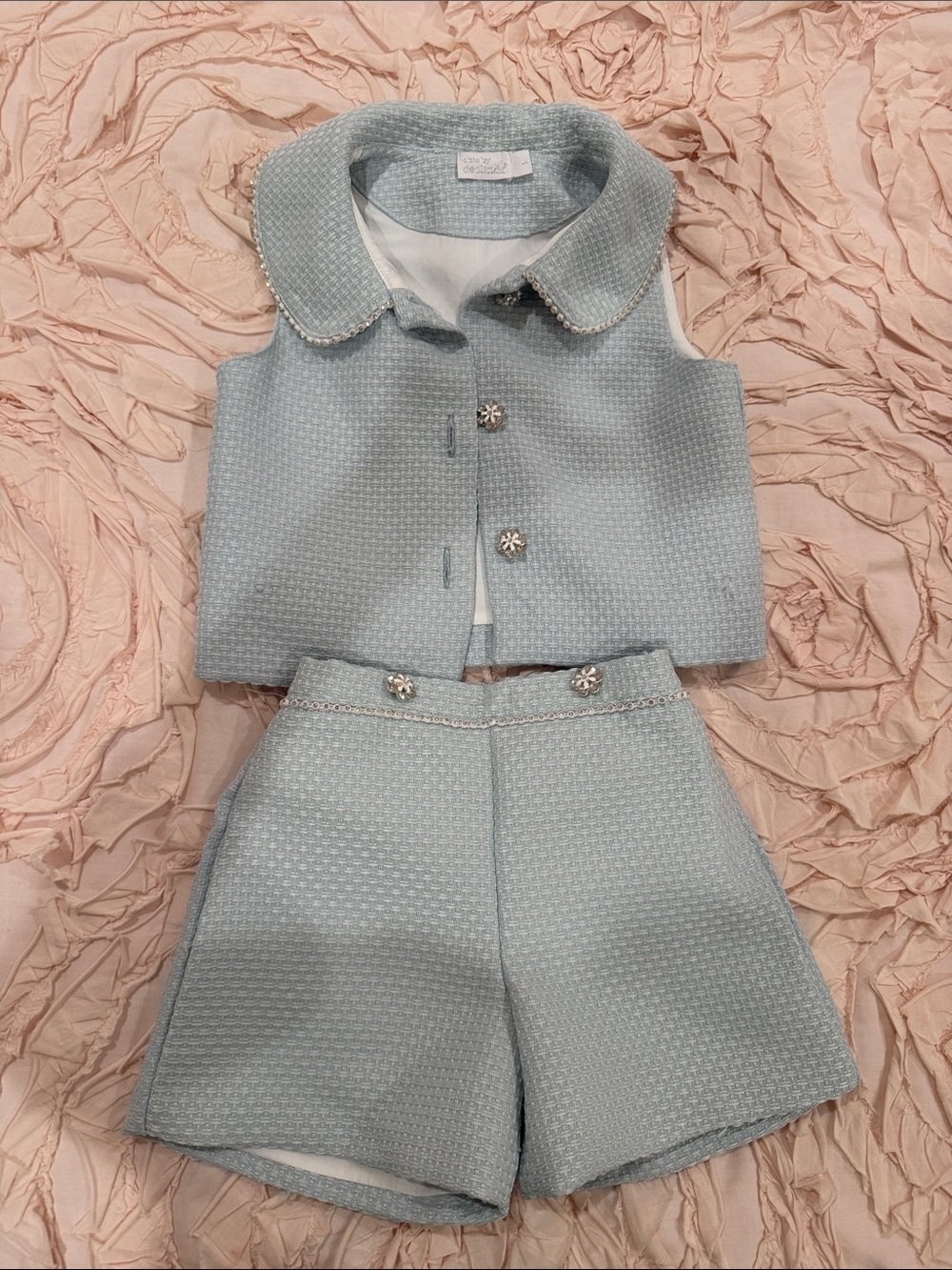 Light Blue Textured Tweed Two-Piece Set - Sleeveless Top & Shorts